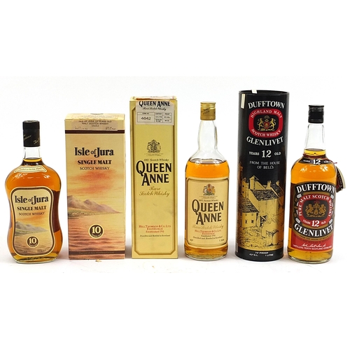 433 - Three bottles of whiskey with boxes comprising Queen Anne, Glenlivet and Isle of Jura