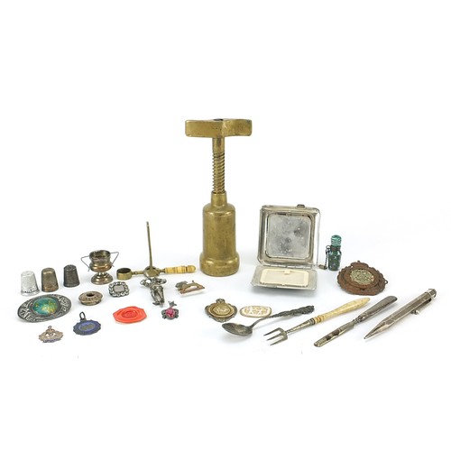 510 - Antique and later objects including brass corkscrew, silver Yard-O-Led propelling pencil, sterling s... 