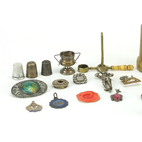 510 - Antique and later objects including brass corkscrew, silver Yard-O-Led propelling pencil, sterling s... 