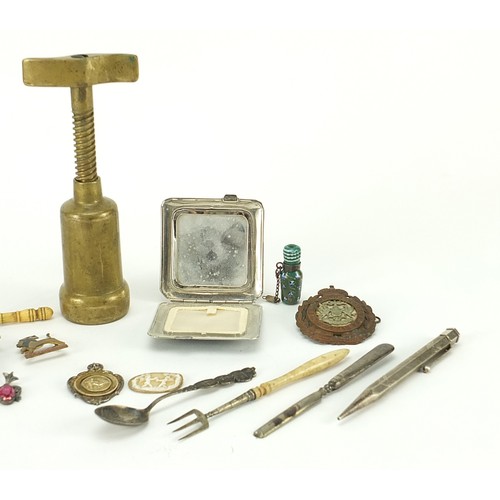 510 - Antique and later objects including brass corkscrew, silver Yard-O-Led propelling pencil, sterling s... 