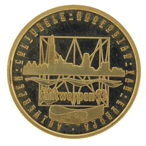 547A - Belgian Antwerp 93 European Capital of Culture gol coloure metal token, 2.5cm in diameter, 6.4g