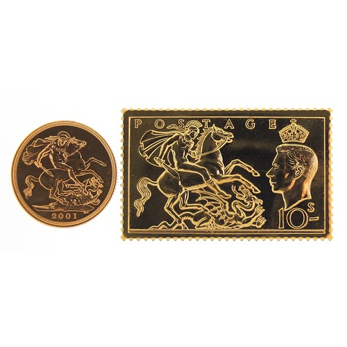 545 - Elizabeth II 2001 gold sovereign and silver gilt stamp ingot set with certificate and presentation b... 