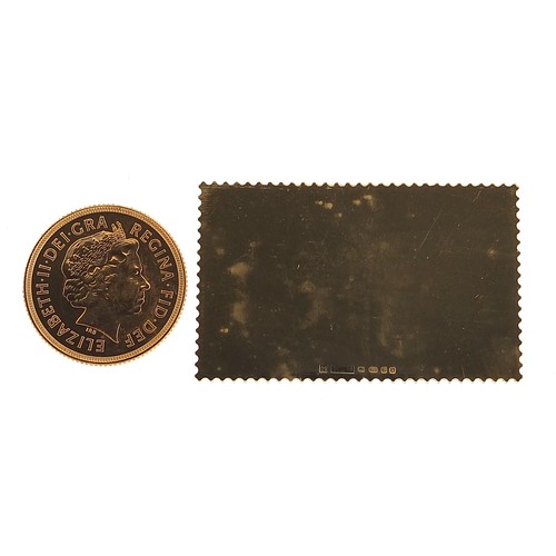 545 - Elizabeth II 2001 gold sovereign and silver gilt stamp ingot set with certificate and presentation b... 