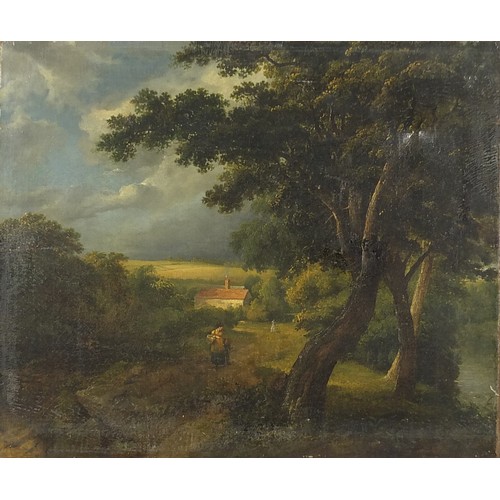 1030 - Figures on a path before a landscape, 19th century English school oil on canvas, unframed, 60.5cm x ... 