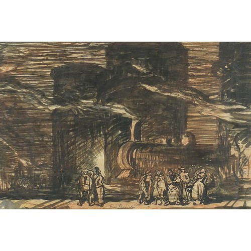 1037 - Sir Frank Brangwyn - Gasometers Petroleums, ink and watercolour, inscribed verso, mounted, framed an... 