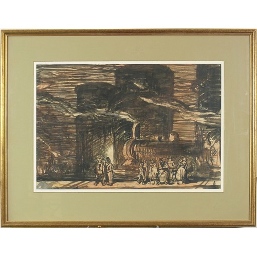 1037 - Sir Frank Brangwyn - Gasometers Petroleums, ink and watercolour, inscribed verso, mounted, framed an... 