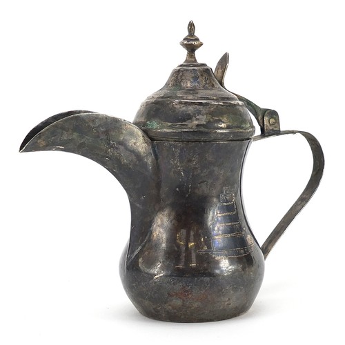 166 - Egyptian silver niello work coffee pot, 17cm in length, 182.5g