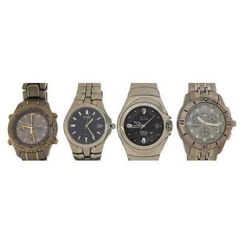 959 - Four gentlemen's Citizen Eco Drive wristwatches with boxes including a Titanium chronograph