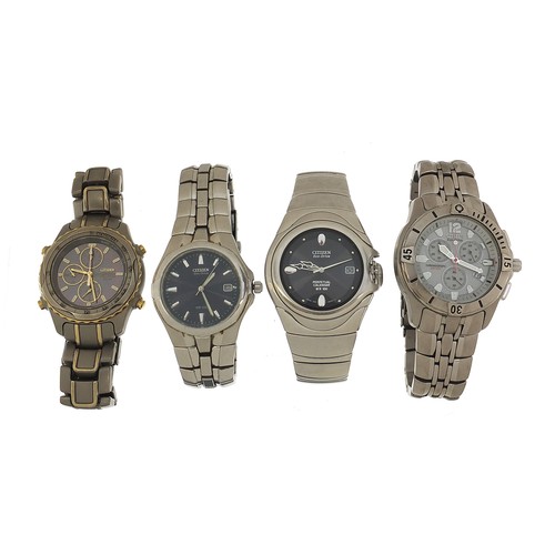 959 - Four gentlemen's Citizen Eco Drive wristwatches with boxes including a Titanium chronograph