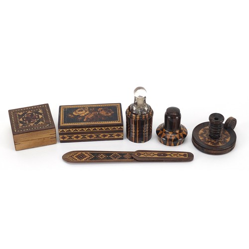 19 - Victorian Tunbridge Ware objects with micro mosaic inlay including scent bottle case with glass bott... 