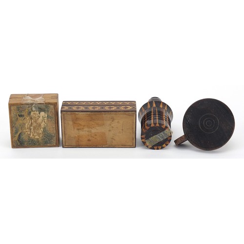 19 - Victorian Tunbridge Ware objects with micro mosaic inlay including scent bottle case with glass bott... 