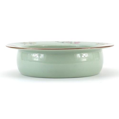 34 - Chinese celadon glazed porcelain basin hand painted in the famille rose palette with mother and chil... 