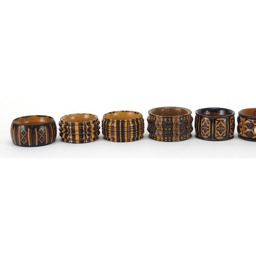 152 - Ten Victorian Tunbridge Ware napkin rings with micro mosaic inlay, each approximately 4.5cm in diame... 