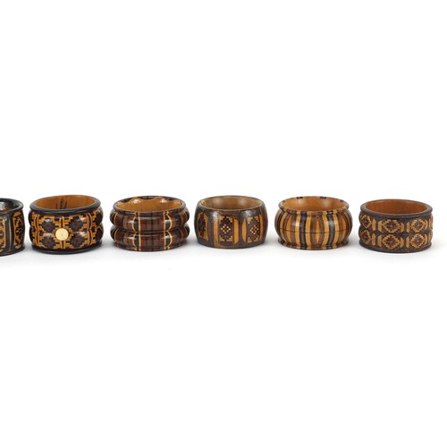 152 - Ten Victorian Tunbridge Ware napkin rings with micro mosaic inlay, each approximately 4.5cm in diame... 