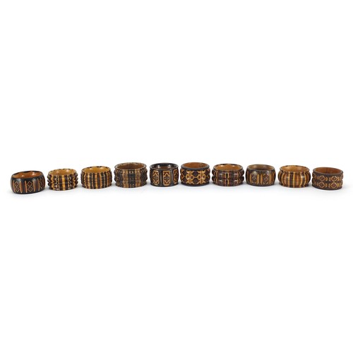 152 - Ten Victorian Tunbridge Ware napkin rings with micro mosaic inlay, each approximately 4.5cm in diame... 