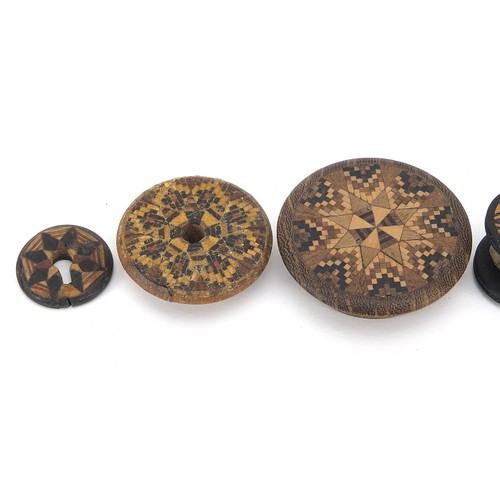 148 - Victorian Tunbridge Ware objects with micro mosaic inlay including a spinning top, two bobbins and a... 