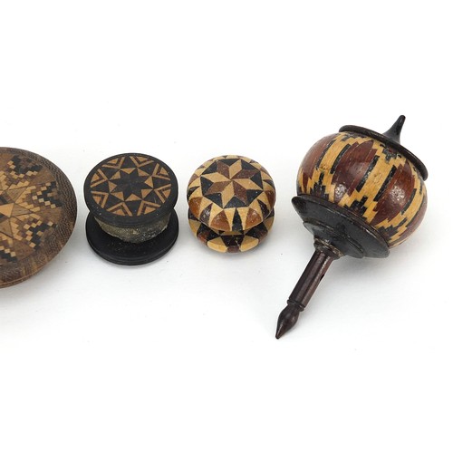 148 - Victorian Tunbridge Ware objects with micro mosaic inlay including a spinning top, two bobbins and a... 