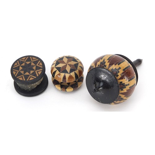 148 - Victorian Tunbridge Ware objects with micro mosaic inlay including a spinning top, two bobbins and a... 