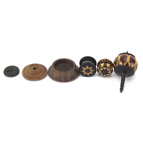 148 - Victorian Tunbridge Ware objects with micro mosaic inlay including a spinning top, two bobbins and a... 