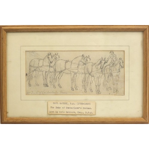 994 - Paul Sandby - The Duke of Cumberland's Horses, 18th century pencil drawing, with label detailing the... 