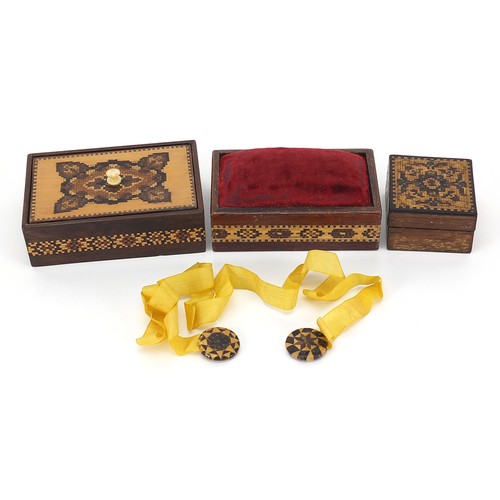 56 - Victorian Tunbridge Ware with micro mosaic inlay including rectangular dish, two boxes and a pin cus... 