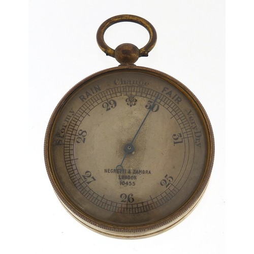 422 - Negretti & Zambra London brass pocket barometer with leather case numbered 10455, the barometer 4.5c... 