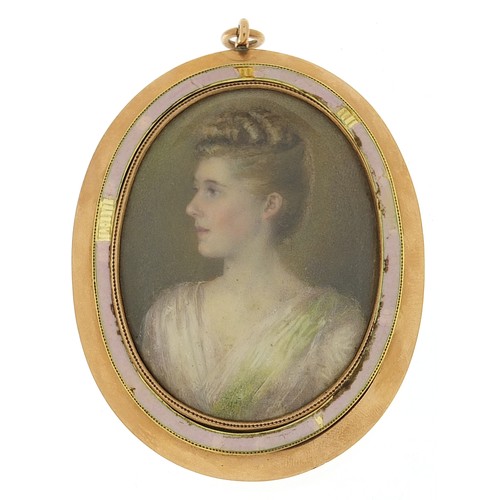 282 - 19th century oval hand painted portrait miniature of a female, housed in an unmarked gold mourning p... 