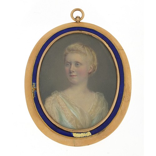 283 - 19th century oval hand painted portrait miniature of a female, housed in an unmarked gold mourning p... 