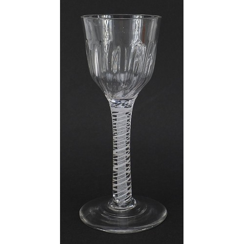 41 - 18th century wine glass with multiple opaque twist stem and writhen bowl, 14cm high
