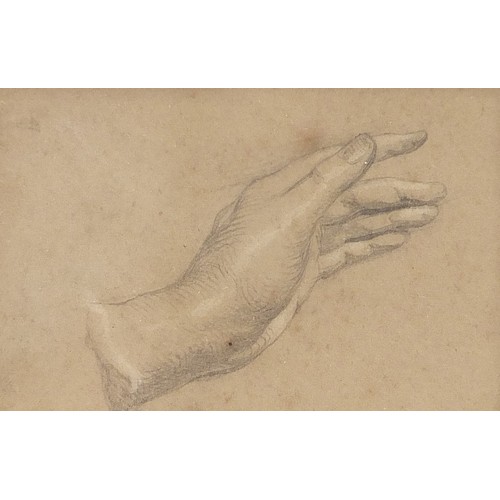 1023 - Attributed to William Mulready - Studies of hands, lead pencil on buff paper heightened in white, in... 