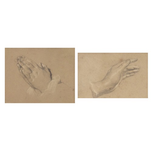 1023 - Attributed to William Mulready - Studies of hands, lead pencil on buff paper heightened in white, in... 