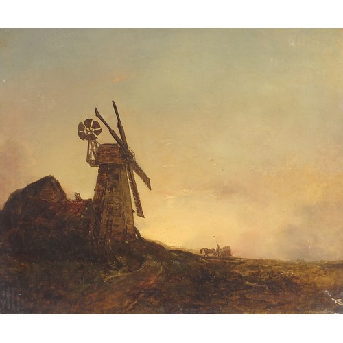 1028 - Horse and cart beside a windmill, 19th century English school oil on canvas, unframed, 61cm x 51cm