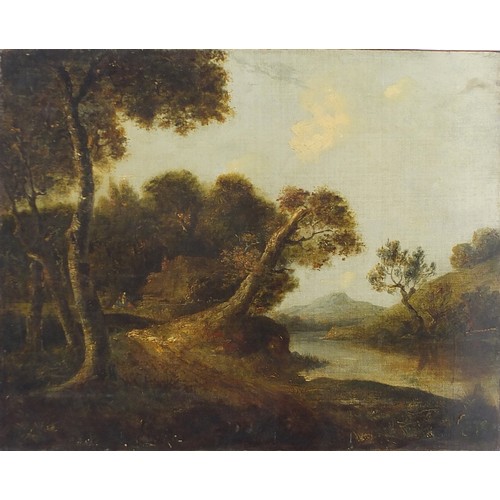 1026 - River landscape with cottage amongst trees, 19th century English school oil on canvas, details, indi... 