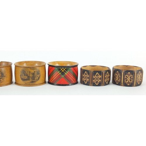 150 - Nine Victorian treen napkin rings comprising Tunbridge Ware, Mauchline Ware and Tartanware, includin... 