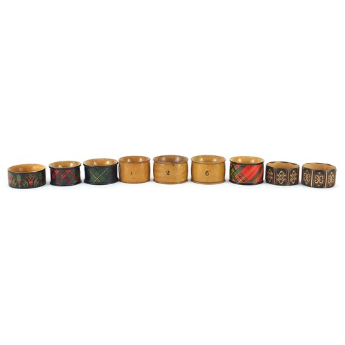 150 - Nine Victorian treen napkin rings comprising Tunbridge Ware, Mauchline Ware and Tartanware, includin... 