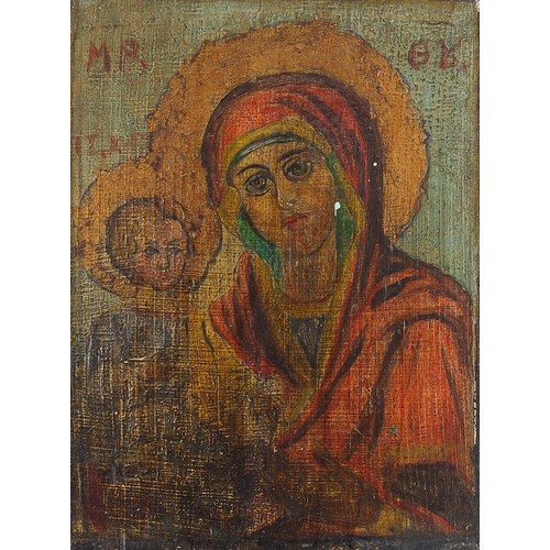 271 - Two Antique Russian wooden Orthodox icons including one hand painted with Madonna and child, 16cm x ... 