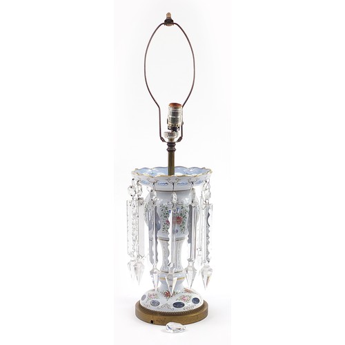 247 - White overlaid glass lustre table lamp with cut glass drops, 45cm high