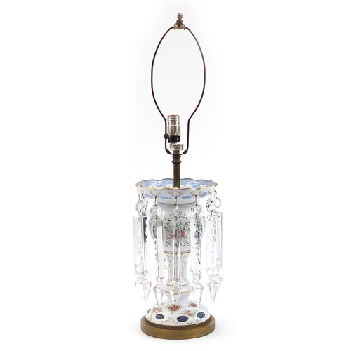 247 - White overlaid glass lustre table lamp with cut glass drops, 45cm high