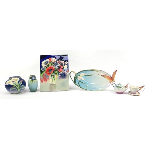 388 - Franz porcelain and a Moorcroft style plaque, some with boxes including butterfly cup and saucer, bu... 