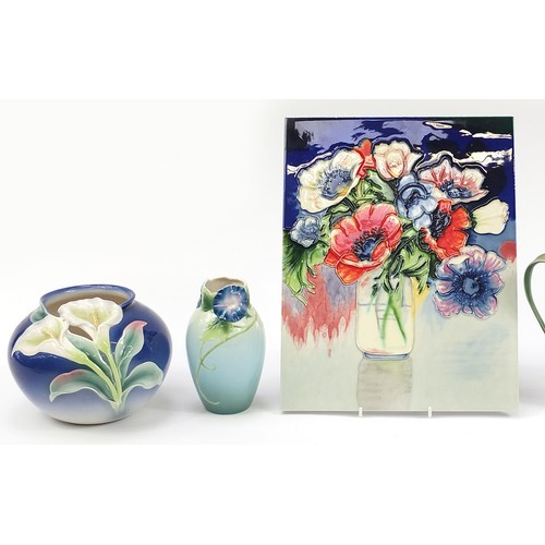 388 - Franz porcelain and a Moorcroft style plaque, some with boxes including butterfly cup and saucer, bu... 