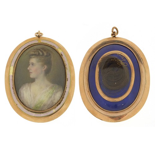 282 - 19th century oval hand painted portrait miniature of a female, housed in an unmarked gold mourning p... 