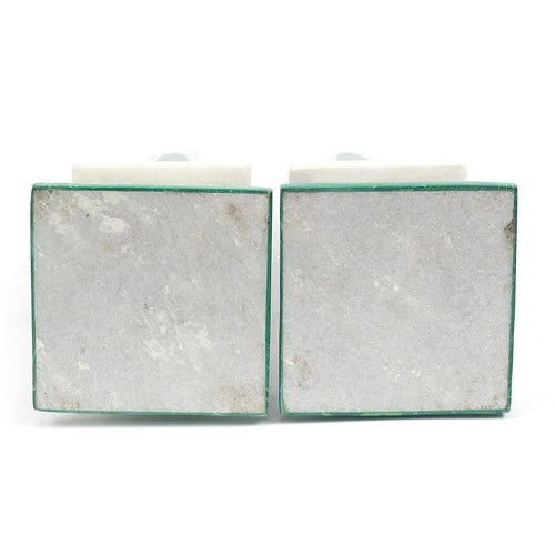 419 - Pair of white marble and malachite obelisks, 42cm high