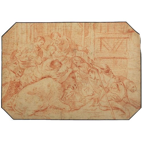 987 - Baby Jesus surrounded by disciples and animals, antique old master sanguine chalk on paper, unframed... 