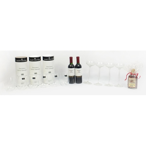 7 - Three boxed Dartington stemless crystal wine glasses, set of four crystal wine glasses, two half bot... 