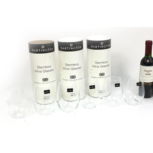 7 - Three boxed Dartington stemless crystal wine glasses, set of four crystal wine glasses, two half bot... 