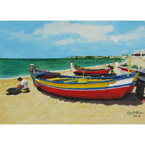 62 - Ashton - Boats on the Algarve, boats in an estuary two acrylics on canvas, 40cm x 30cm