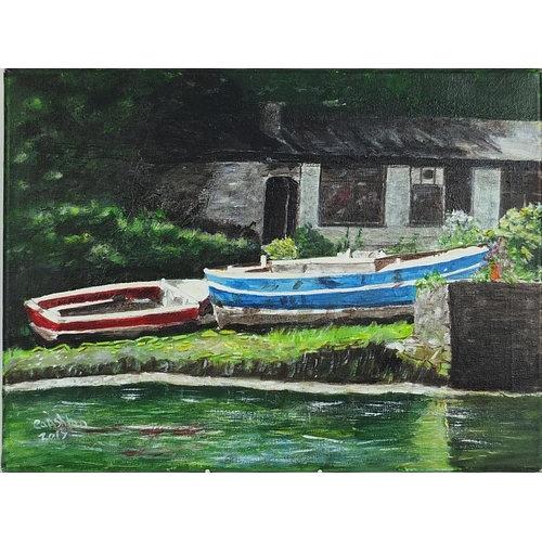 63 - Ashton - Boats at the River Bank Carnarvon Castle, oil on canvas and A Place to Sit park scene, 40cm... 