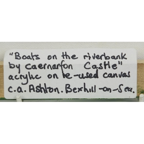 63 - Ashton - Boats at the River Bank Carnarvon Castle, oil on canvas and A Place to Sit park scene, 40cm... 