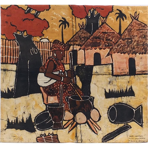 39 - African village   Buba Drammeh, Nuimi Lamin , large print onto cloth, mounted on card, 74cm x 69cm e... 