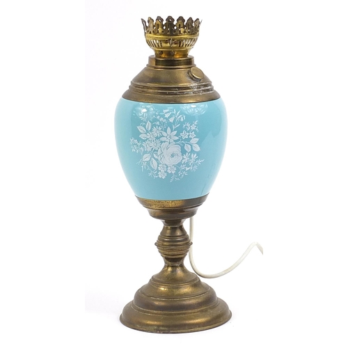 278 - Large retro oil lamp base style floral table lamp with gilt brass mounts, 40cm high